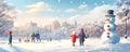 Winter scene with children walking in snowy urban park near big funny snowman Royalty Free Stock Photo
