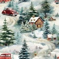 Winter scene Christmas wallpaper pattern with trees, trucks and houses seamless