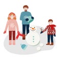 Winter scene with family making snowmen outside and having fun, vector Royalty Free Stock Photo