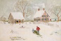 Winter scene of a farm with people