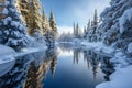 A winter scene featuring a frozen lake surrounded by trees covered in snow, A forest of snow-covered pines reflected in a chilly Royalty Free Stock Photo