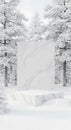 Winter scene featuring marble platform with forest background for product display or advertisement Royalty Free Stock Photo