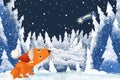 Winter scene with forest animal little fox with santa claus hat in the forest - traditional scene