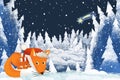 Winter scene with forest animal little fox with santa claus hat in the forest - traditional scene