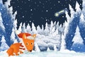 Winter scene with forest animal little fox with santa claus hat in the forest - traditional scene