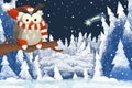 Winter scene with forest animal wise owl with santa claus hat in the forest - traditional scene