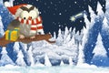 Winter scene with forest animal wise owl with santa claus hat in the forest - traditional scene