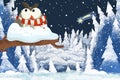 Winter scene with forest animal wise owl with santa claus hat in the forest - traditional scene