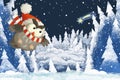 Winter scene with forest animal wise owl with santa claus hat in the forest - traditional scene