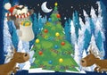 Winter scene with forest animals reindeers and santa claus owl near christmas tree - traditional scene