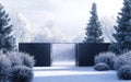 Winter scene with a frosted gate and trees The gate is open and the forest is visible beyond it Royalty Free Stock Photo