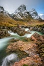 Three Sisters mountain range in Glencoe covered in layer of Winter snow with interesting rocky stream in foreground. Royalty Free Stock Photo