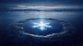 Glowing Snowflake in Frozen Lake under Dramatic Dusk Sky Royalty Free Stock Photo