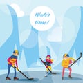Winter scene with happy family in mountains on lake playing hockey. Vector illustration in blue drawn in flat style