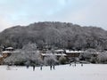 Winter scene in hebden bridge with houses with snow covered roofs on the houses and frozen trees Royalty Free Stock Photo