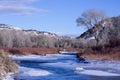 Rich warm browns of winter foliage against a snowy and icy river