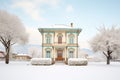 winter scene of an italianate home with a snowcapped belvedere