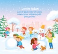 Winter scene with kids children making building snowman in snowy park Royalty Free Stock Photo