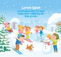 Winter scene with kids children making building snowman in snowy park Royalty Free Stock Photo