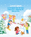 Winter scene with kids children making building snowman in snowy park Royalty Free Stock Photo