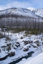 Winter scene in Kootenay National Park with burned forest fire trees, the Kootenay River and Canadian Mountains, all covered in Royalty Free Stock Photo