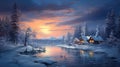 Winter Scene With Lake and Cabin Royalty Free Stock Photo