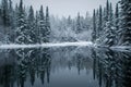A winter scene of a lake with frozen water and trees covered in a thick layer of snow, A forest of snow-covered pines reflected in Royalty Free Stock Photo