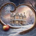 A winter scene with a large Victorian house surrounded by snow