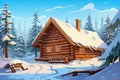 winter scene of log cabin with snow-covered roof, magazine style illustration Royalty Free Stock Photo