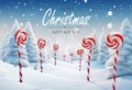 Winter scene of a lollipops fantasy world. Merry Christmas and new year greeting card. Christmas text Calligraphic