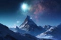 Winter scene with a majestic mountain peak, a star-filled sky, nebula and comet. Generative AI