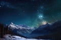 Winter scene with a majestic mountain peak, a star-filled sky, nebula and comet. Generative AI