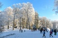 Winter scene with people enjoying in winter activities on sledding hill at Sljeme, Croatia Royalty Free Stock Photo