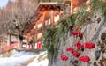 Winter scene photographed in the Alps outside the village of Wengen in Switzerland. Wood chalet, with red berries in foreground. Royalty Free Stock Photo