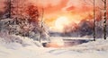 A winter scene with a pond and birds flying in the sky illustration Painting Royalty Free Stock Photo