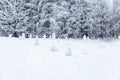 Winter scene in a rest zone near a forest. Benches and snowmen, forest road Royalty Free Stock Photo