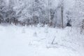 Winter scene in a rest zone near a forest. Benches and snowmen, forest road