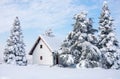 Winter scene, rural house and snow pine trees Royalty Free Stock Photo