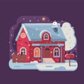 Winter Cozy House Snowy Scene in Flat Royalty Free Stock Photo