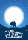 Winter scene with Santa bearing gifts on the background of the moon and lettering of Merry Christmas. Royalty Free Stock Photo