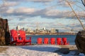 Toronto, Ontario - December 5, 2019 : Large colorful chairs overlooking the Toronto skyline