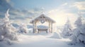winter scene showcasing a snow-kissed gazebo nestled amidst frosty trees under a peaceful sky Royalty Free Stock Photo