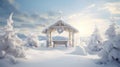 winter scene showcasing a snow-kissed gazebo nestled amidst frosty trees under a peaceful sky