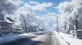 A winter scene showing a street with snowy trees