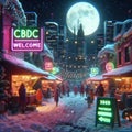 winter scene, small town by night, vendor and shops, accept cbdc central bank digital currency sign