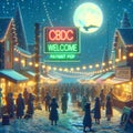 winter scene, small town by night, vendor and shops, accept cbdc central bank digital currency sign