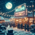 winter scene, small town by night, vendor and shops, accept cbdc central bank digital currency sign