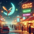 winter scene, small town by night, vendor and shops, accept cbdc central bank digital currency sign