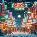winter scene, small town by night, vendor and shops, accept cbdc central bank digital currency sign