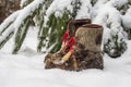 Winter scene with snow boots made of reindeer skin Royalty Free Stock Photo
